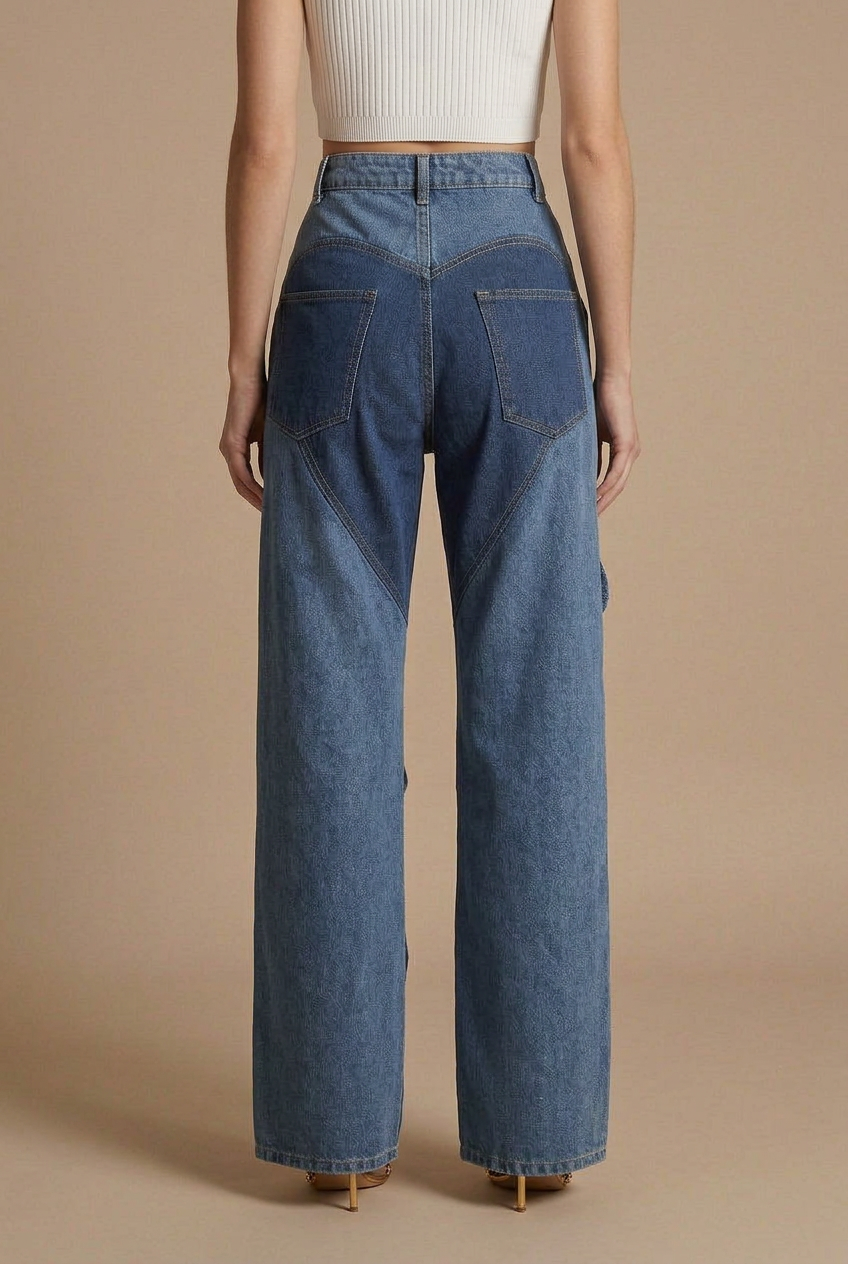 Pantalones de Mezclilla de Tiro Alto con Pierna Ancha y Tirantes Tejidos con Recortes para Mujer