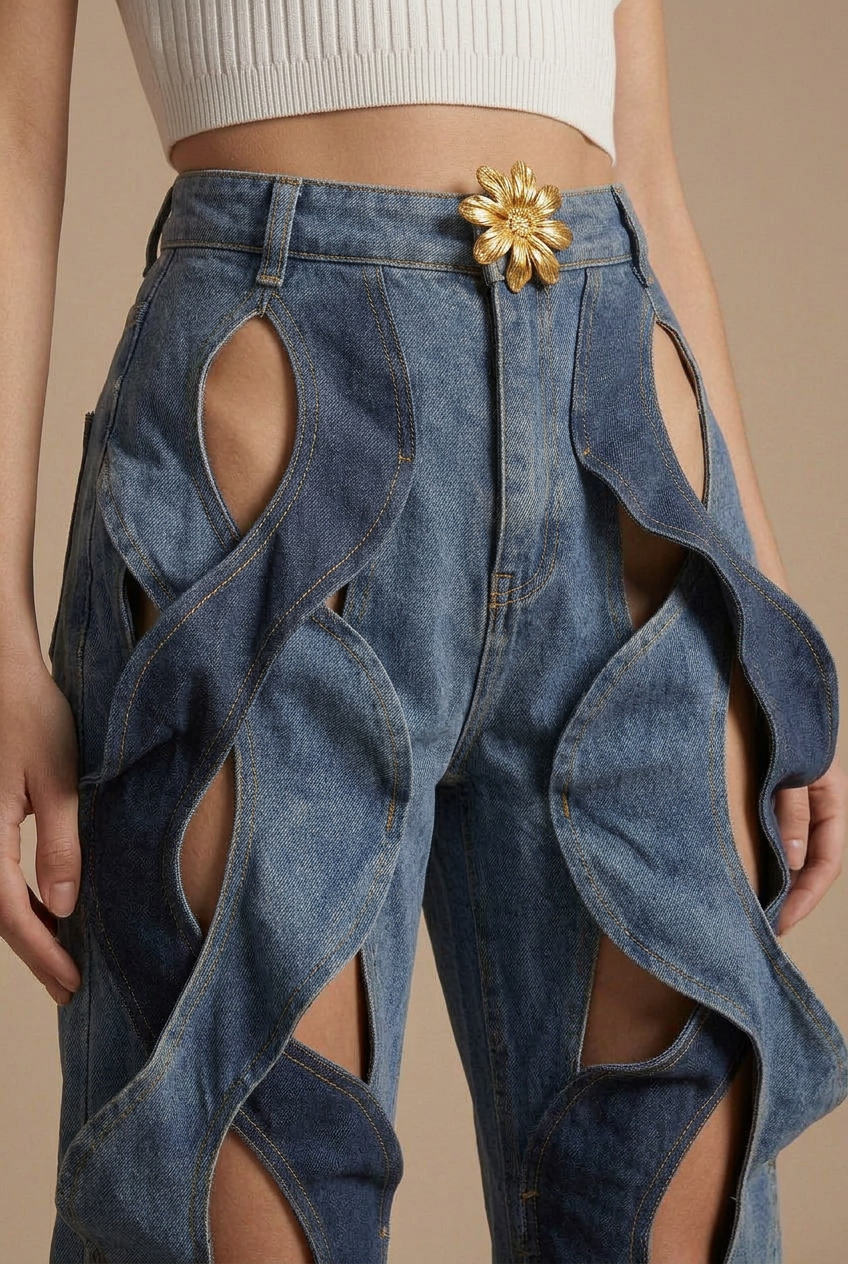 Pantalones de Mezclilla de Tiro Alto con Pierna Ancha y Tirantes Tejidos con Recortes para Mujer
