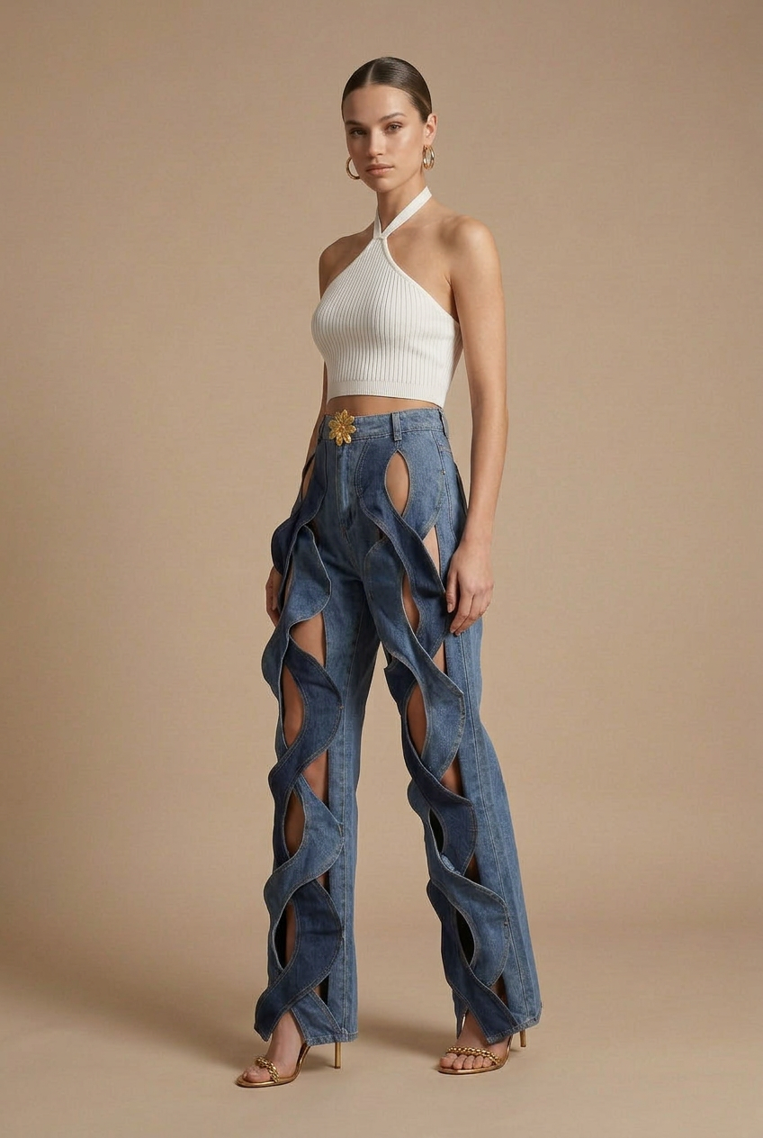 Pantalones de Mezclilla de Tiro Alto con Pierna Ancha y Tirantes Tejidos con Recortes para Mujer