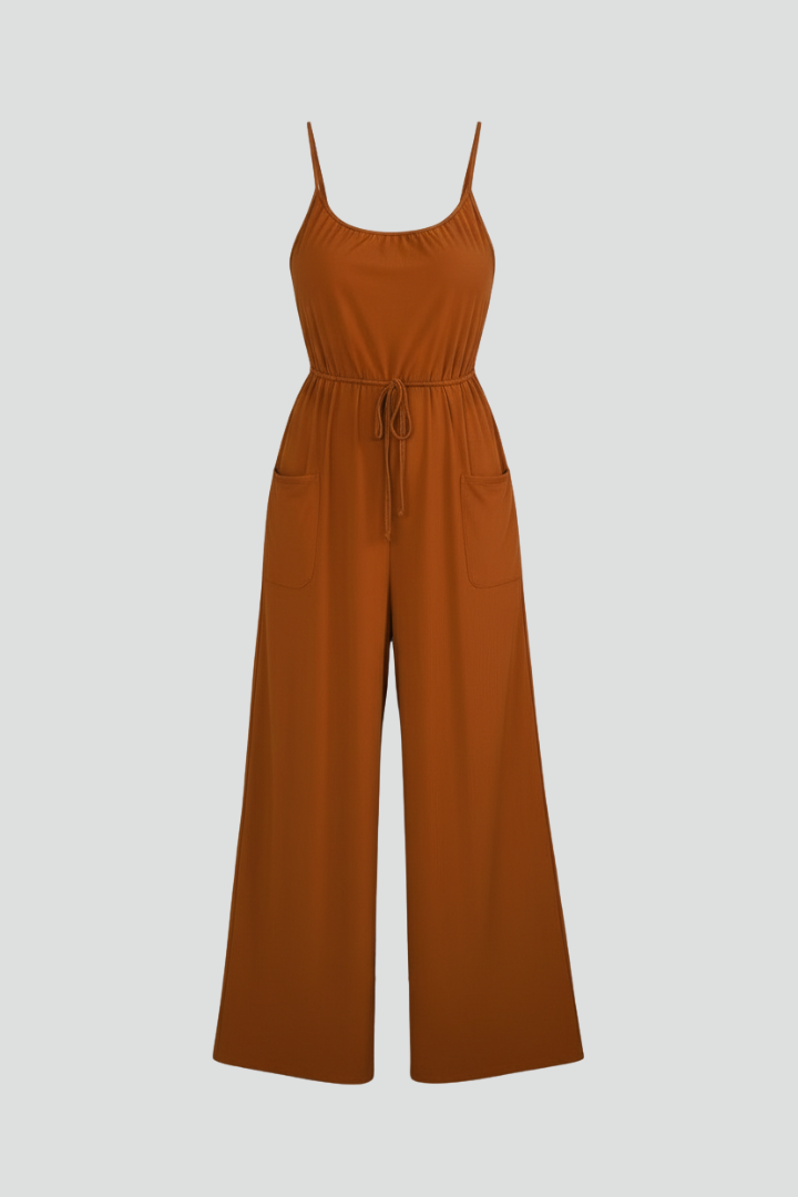 Women's Spaghetti Strap Wide Leg Jumpsuit - Drawstring Waist