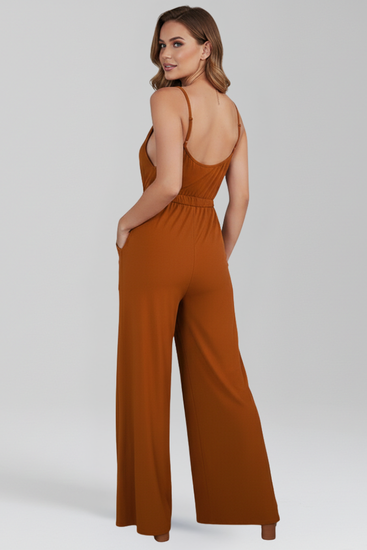 Women's Spaghetti Strap Wide Leg Jumpsuit - Drawstring Waist