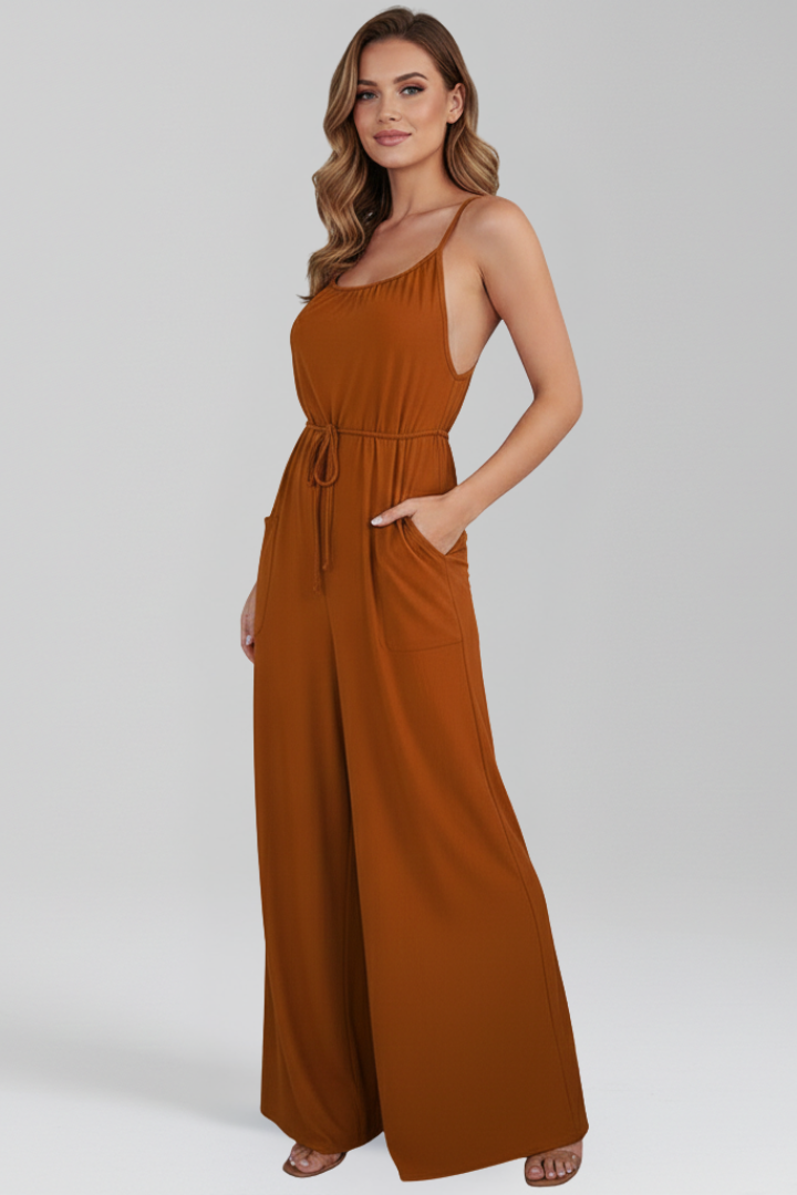 Women's Spaghetti Strap Wide Leg Jumpsuit - Drawstring Waist