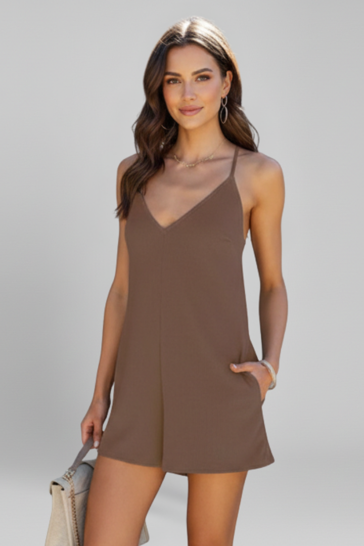 Women's Ribbed V-Neck Spaghetti Strap Romper with Pockets