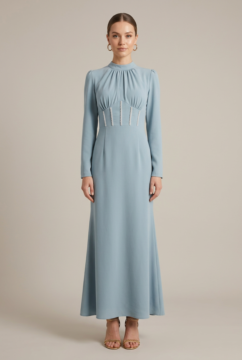 Women's Long Sleeve Corset Detail Maxi Dress - Gathered Crew Neck