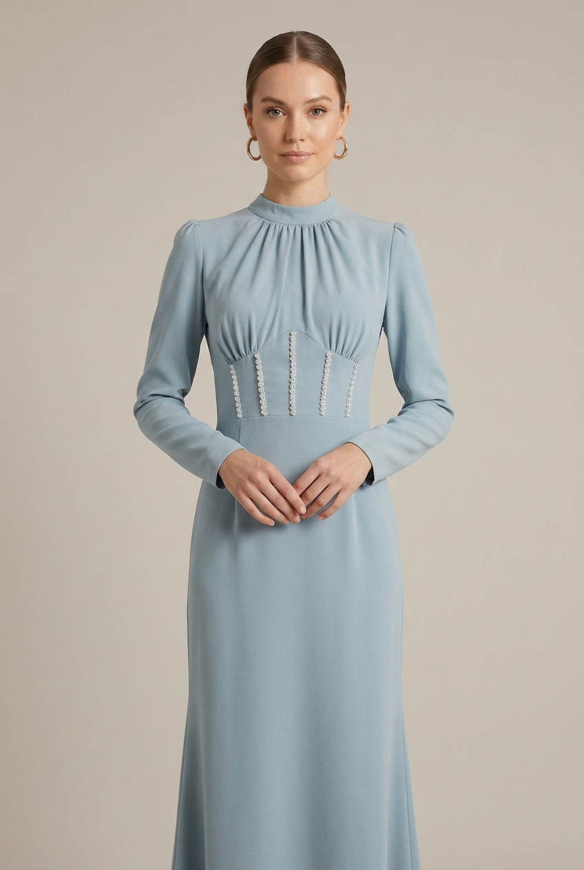 Women's Long Sleeve Corset Detail Maxi Dress - Gathered Crew Neck