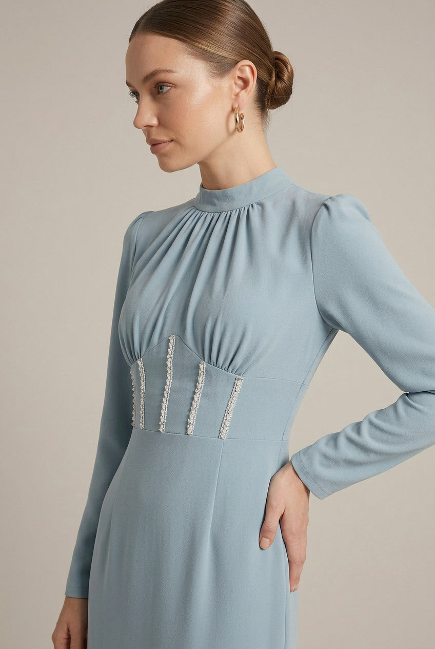 Women's Long Sleeve Corset Detail Maxi Dress - Gathered Crew Neck