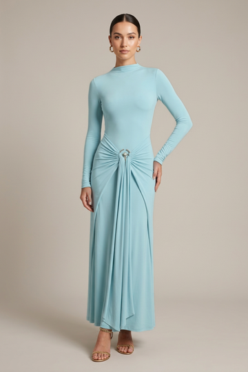 Women's Long Sleeve Gathered Brooch Maxi Dress - Crew Neck