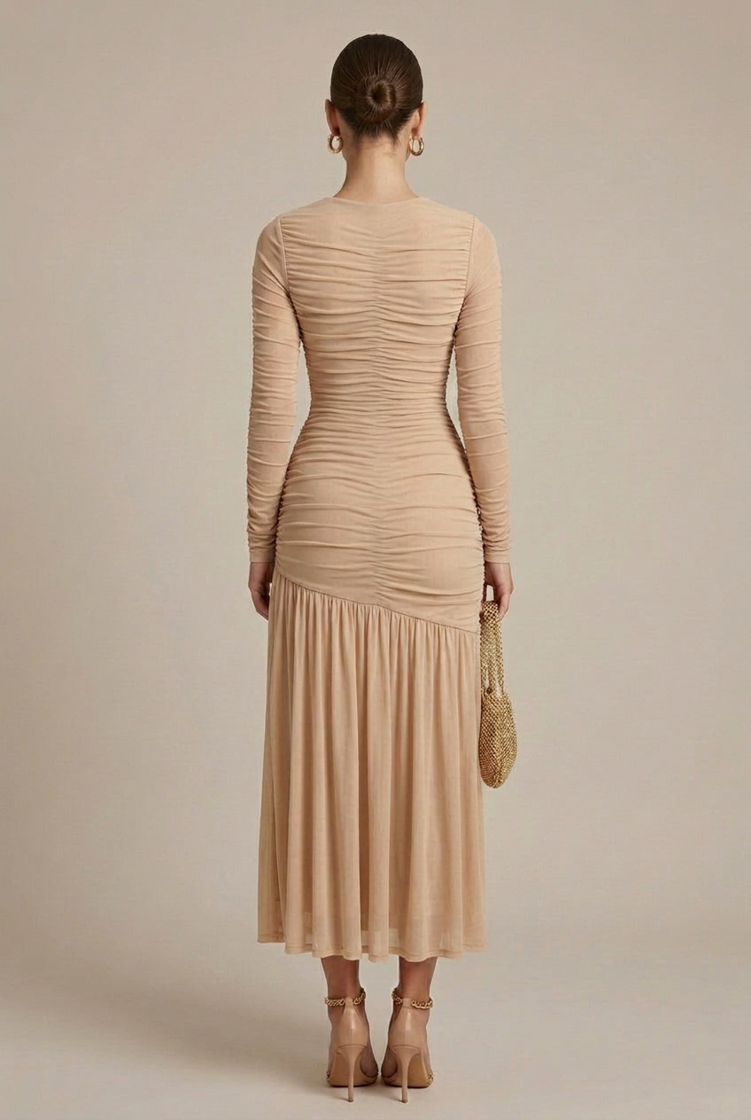 Women's Long Sleeve Ruched Drop Waist Midi Dress - Crew Neck