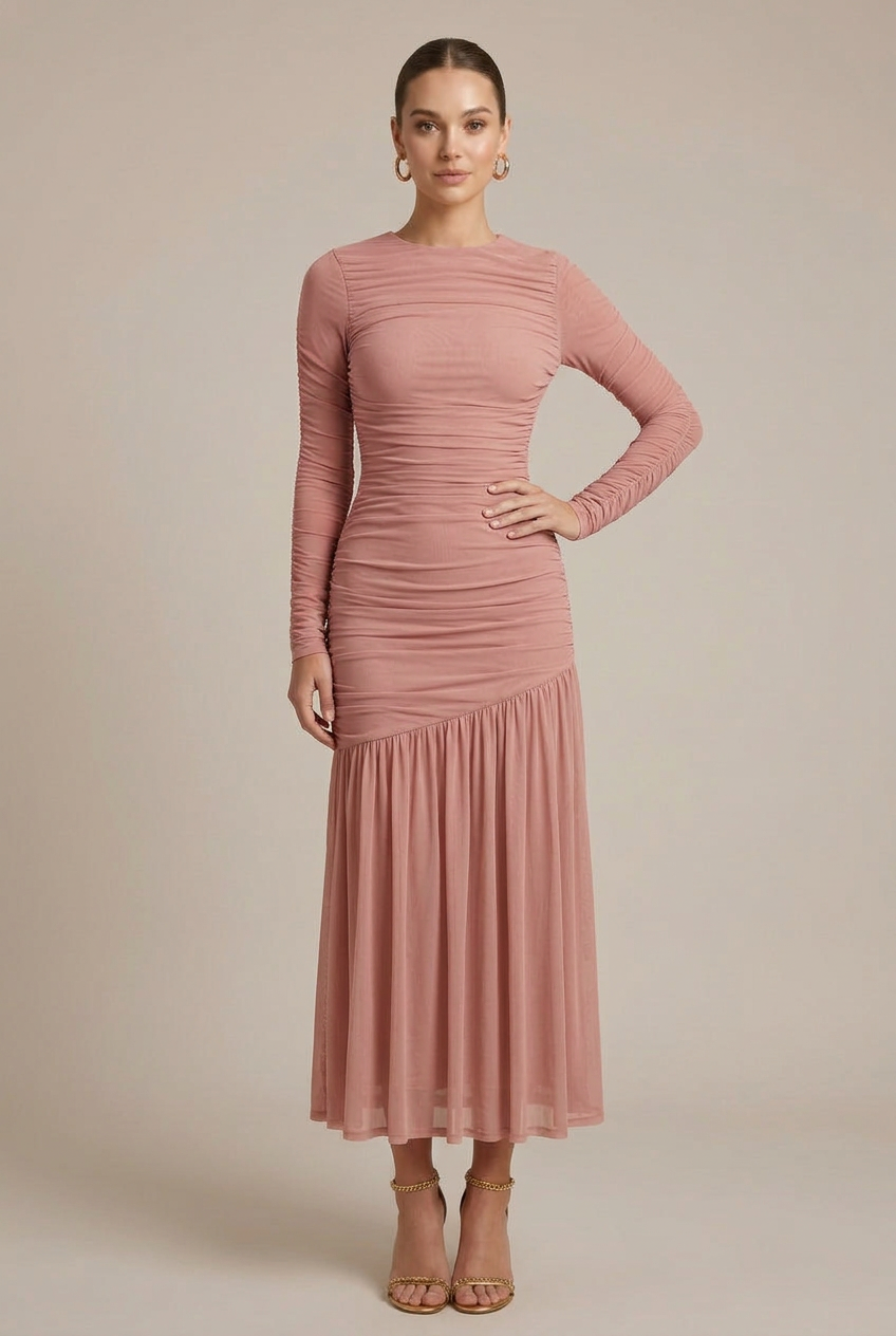 Women's Long Sleeve Ruched Drop Waist Midi Dress - Crew Neck