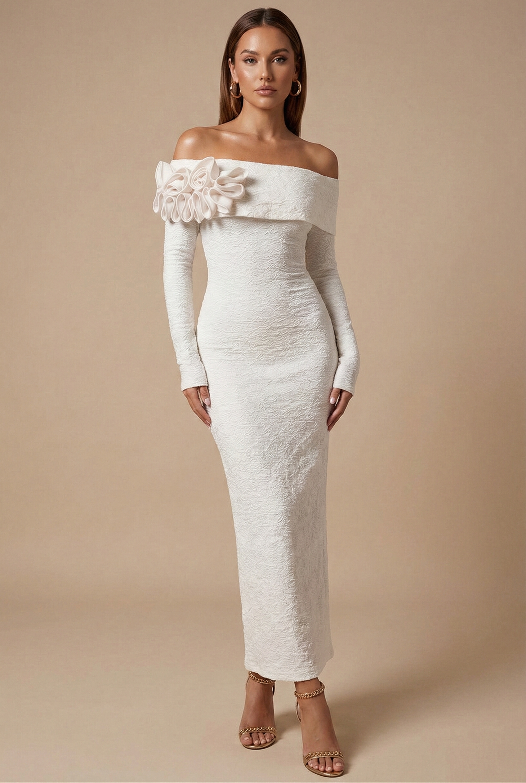 Women’s Off Shoulder Bodycon Maxi Dress with Long Sleeves and Floral Applique Neckline