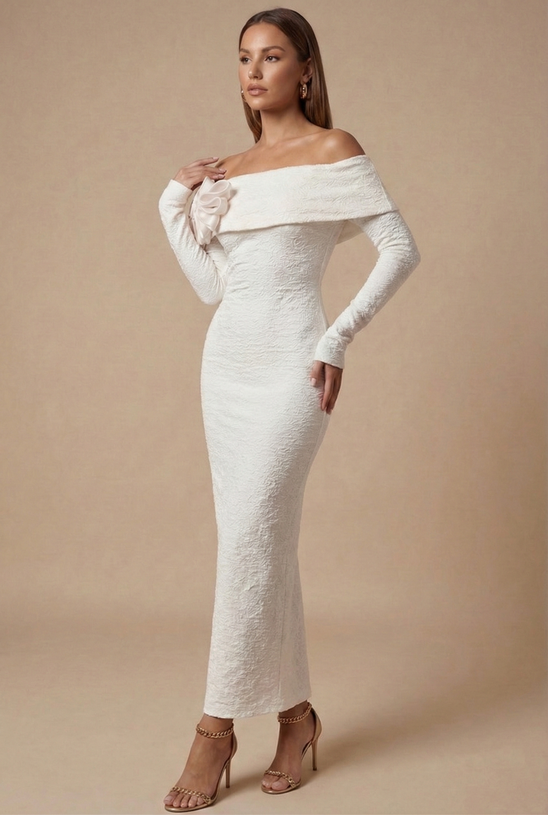Women’s Off Shoulder Bodycon Maxi Dress with Long Sleeves and Floral Applique Neckline
