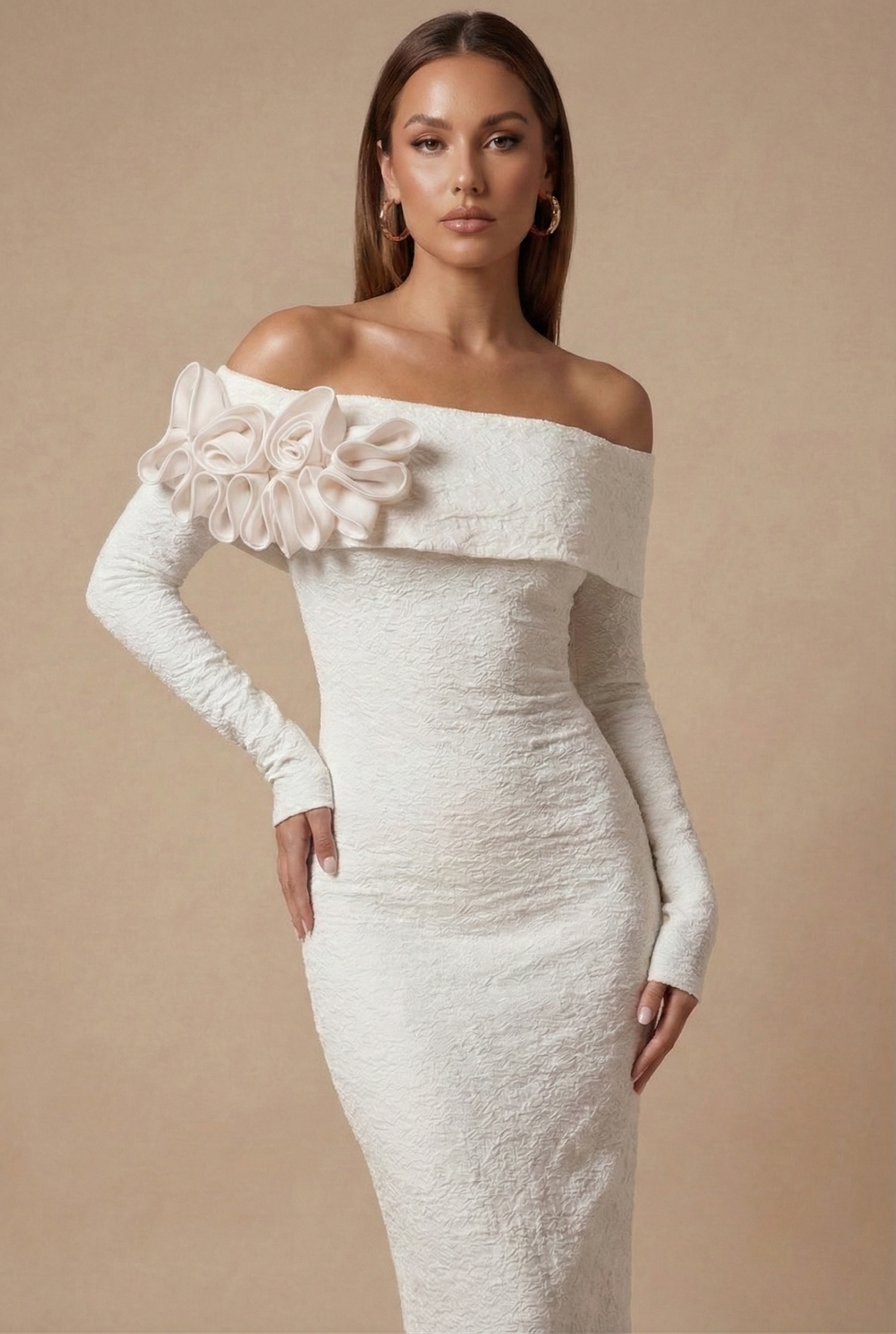 floral applique bodycon dress Fresh Bloom Strapless Floral Applique Midi Dress in Nude