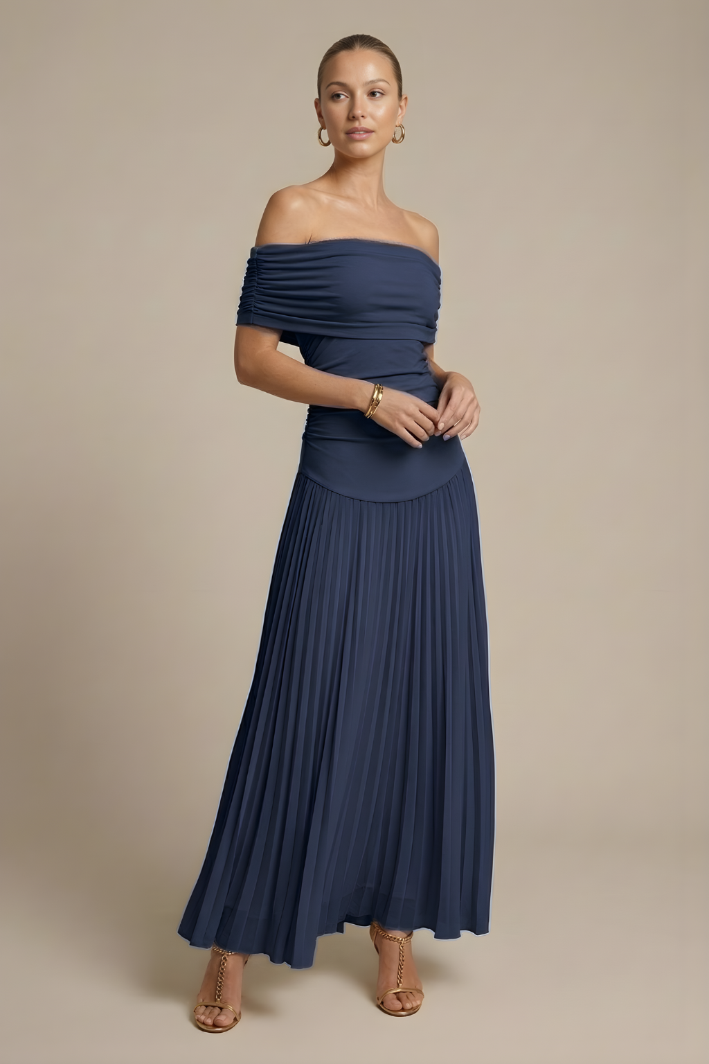 Women's Off Shoulder Pleated Maxi Dress - Ruched - Wedding Guest