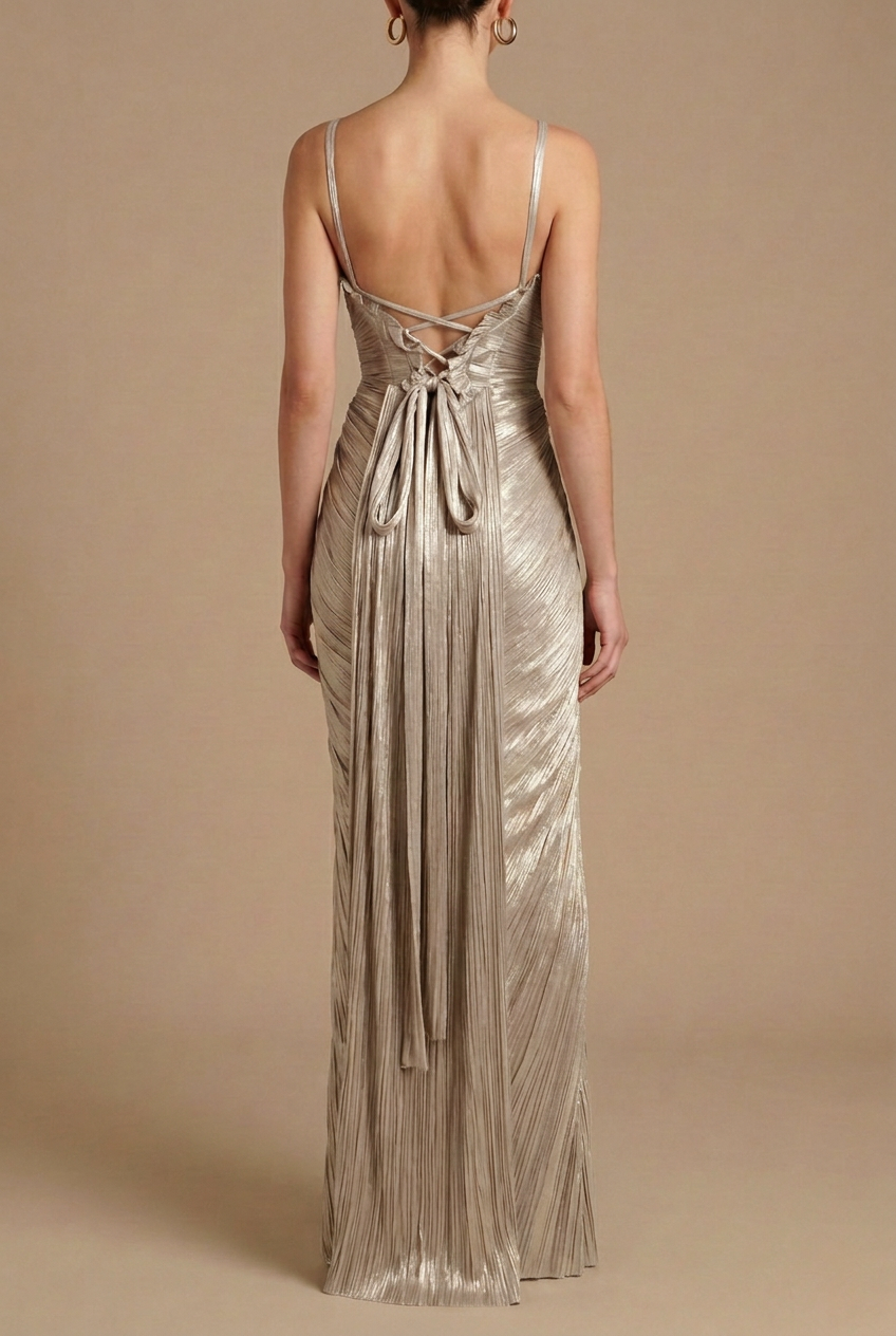 Women’s Pleated Corset Maxi Dress with Structured Bodice and Full-Length Skirt