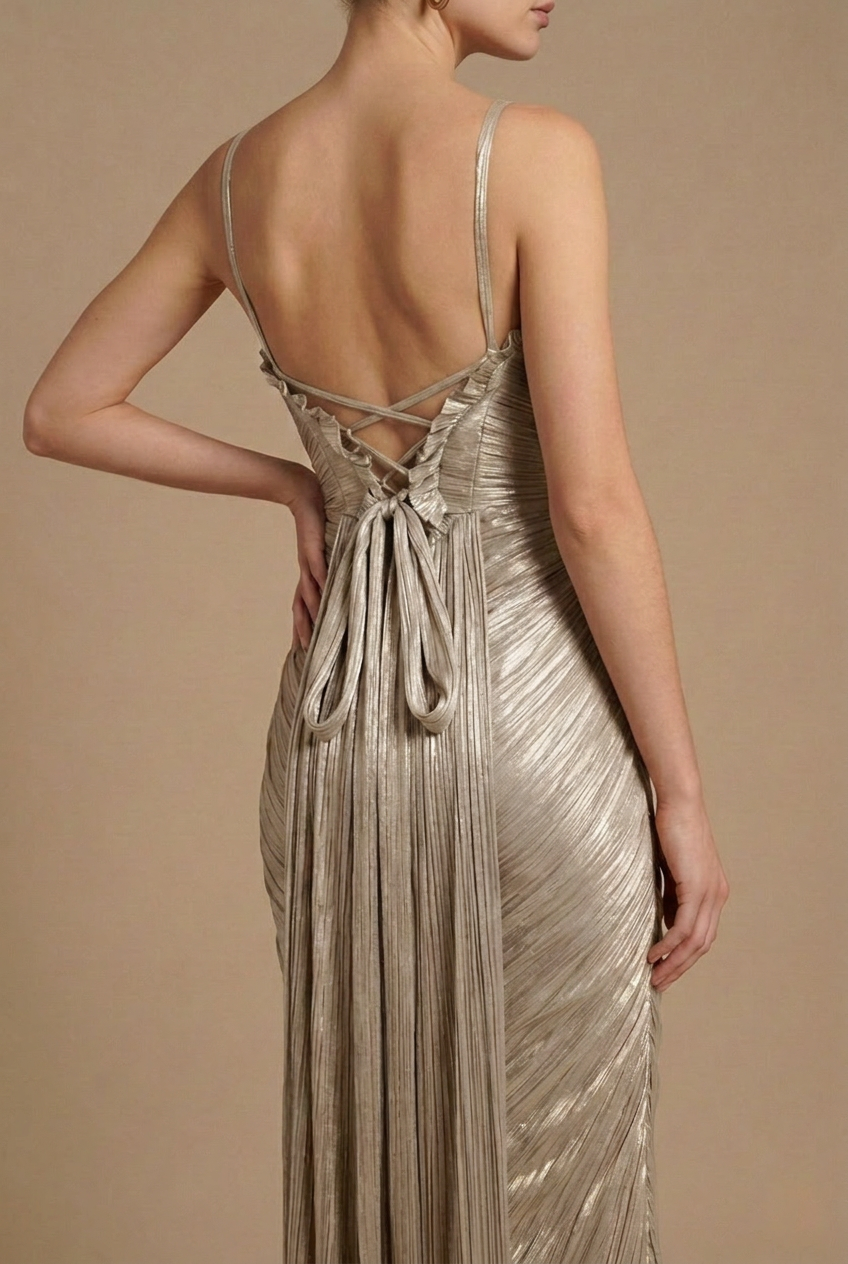 Women’s Pleated Corset Maxi Dress with Structured Bodice and Full-Length Skirt