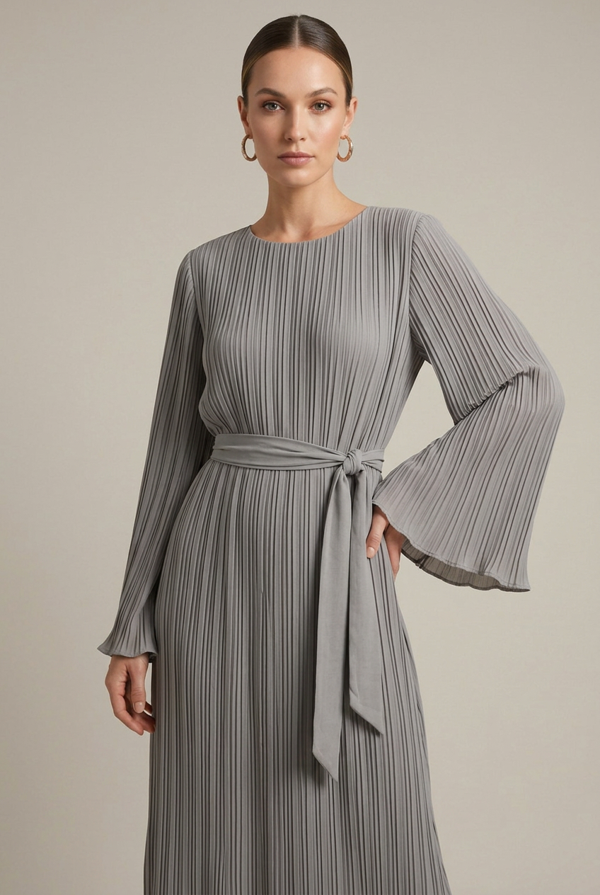 Women's Pleated Maxi Dress - Crew Neck Bell Sleeve Belted