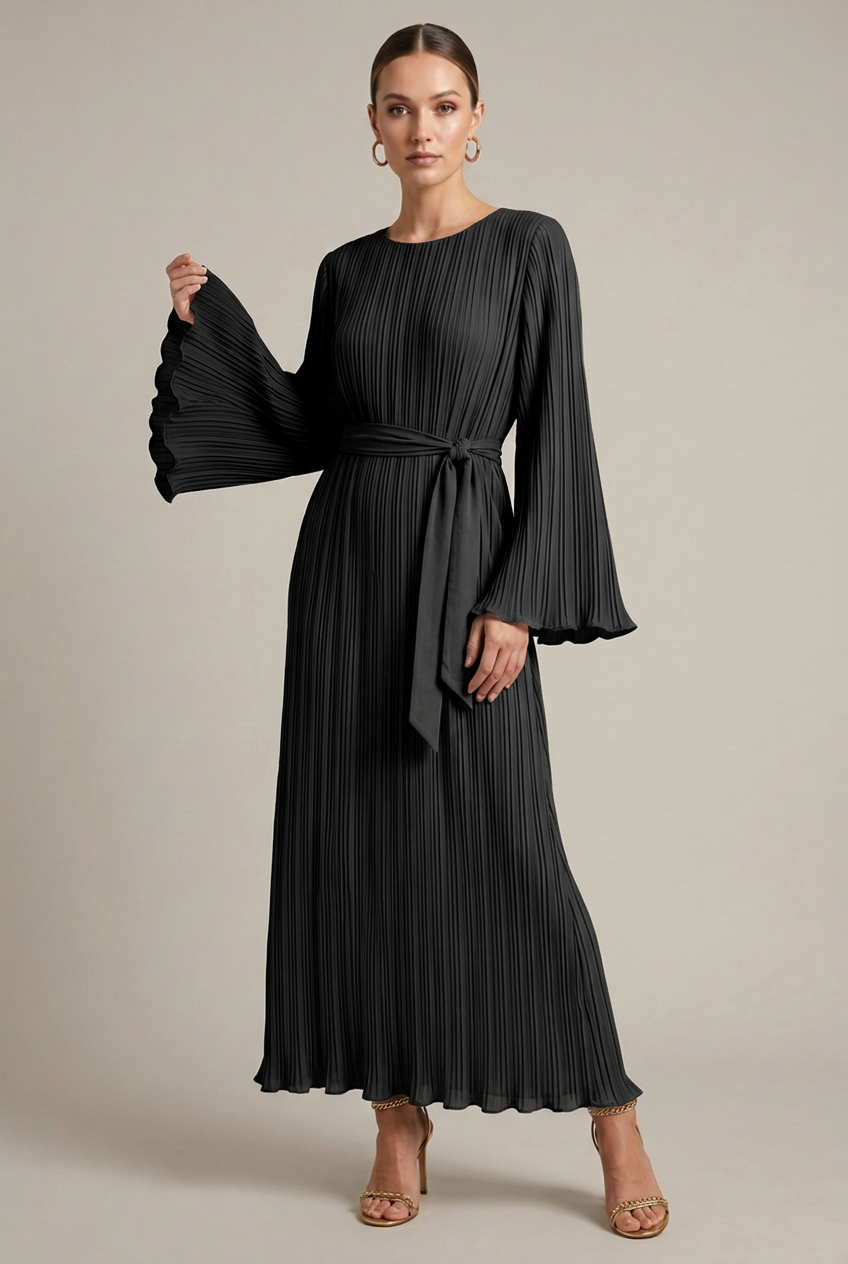 Women's Pleated Maxi Dress - Crew Neck Bell Sleeve Belted