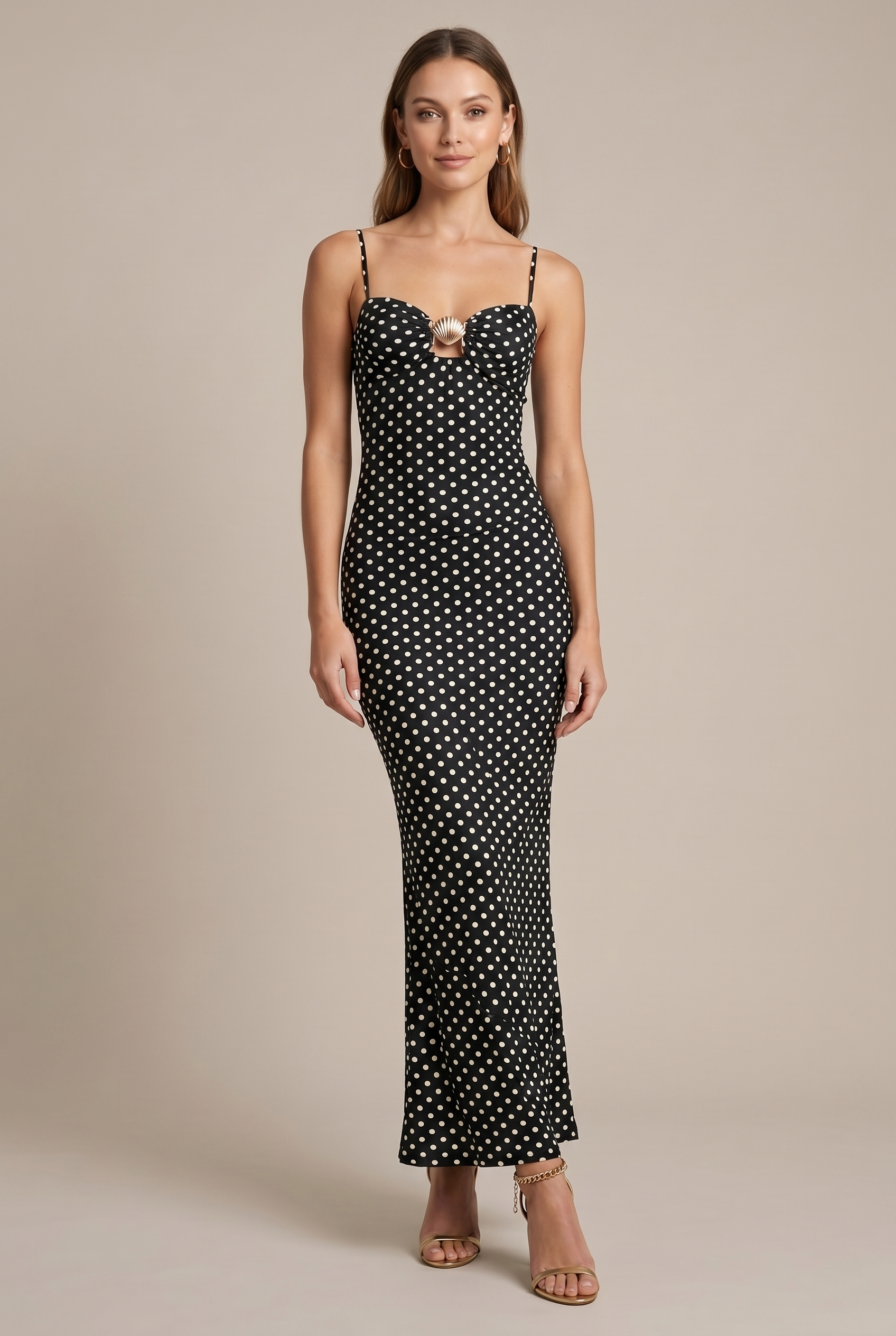 Women's Polka Dot Spaghetti Strap Bodycon Maxi Dress - Gold Hardware