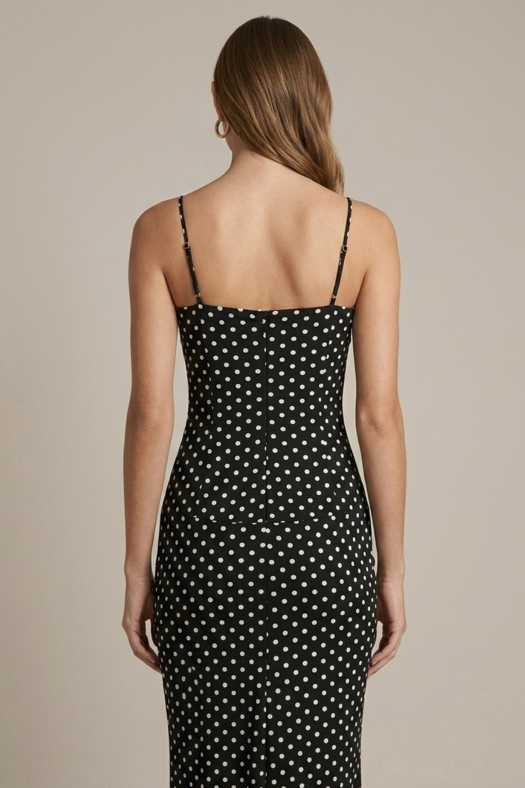 Women's Polka Dot Spaghetti Strap Bodycon Maxi Dress - Gold Hardware