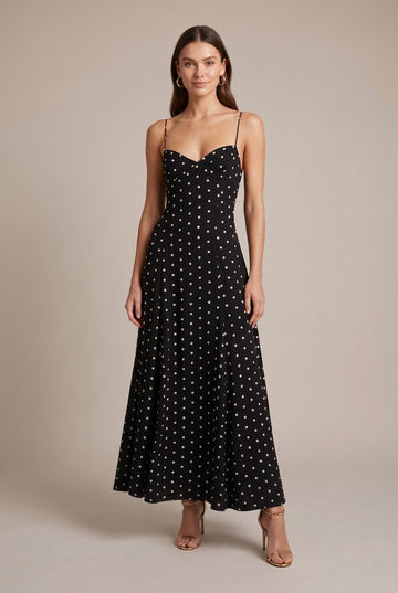 Women's Polka Dot Spaghetti Strap Sweetheart Maxi Dress - Flowy