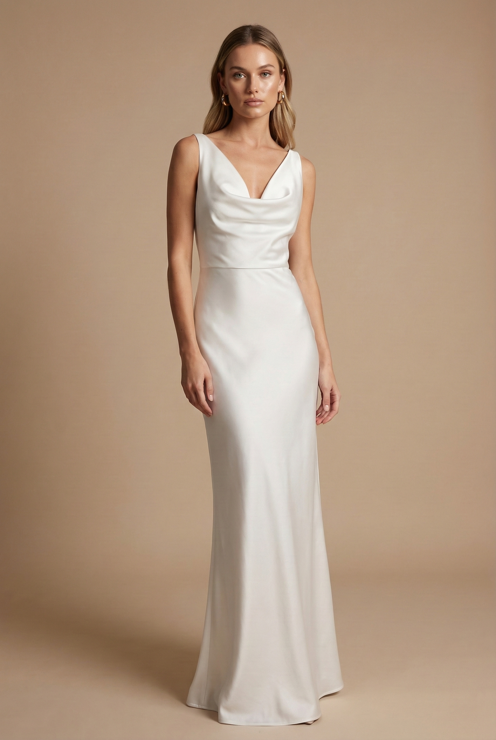 Women's Satin Cowl Neck Maxi Dress - Sleeveless Slip Dress with Deep V Drape and Open Back - Formal Maxi Dress