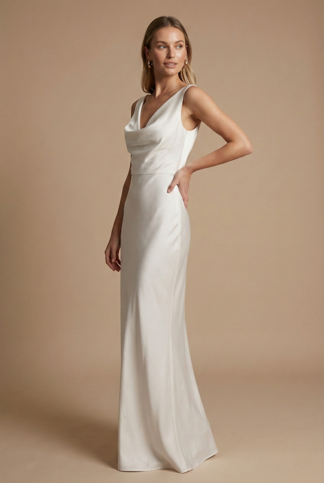 Women's Satin Cowl Neck Maxi Dress - Sleeveless Slip Dress with Deep V Drape and Open Back - Formal Maxi Dress