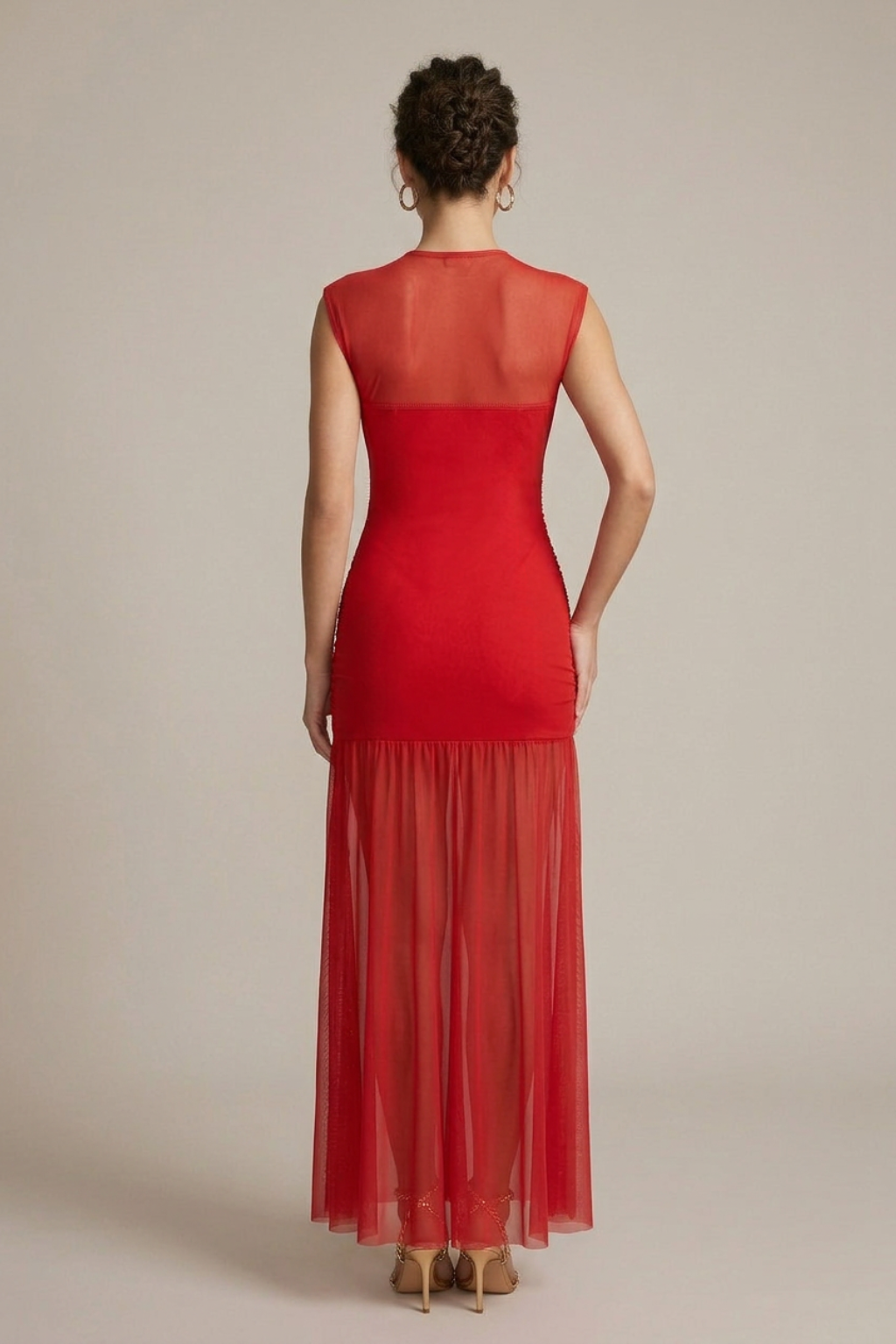 Women's Sleeveless Ruched Drop Waist Maxi Dress - Crew Neck