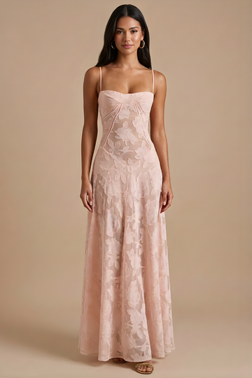 Abito Maxi Donna in Pizzo con Spalline Sottili e Corsetto con Allacciatura sulla Schiena