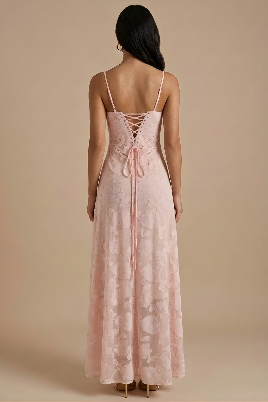 Abito Maxi Donna in Pizzo con Spalline Sottili e Corsetto con Allacciatura sulla Schiena
