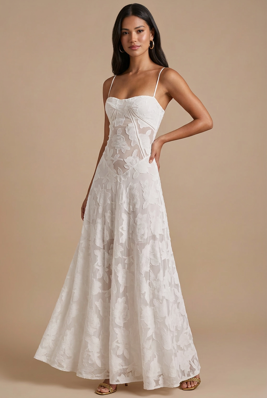 Abito Maxi Donna in Pizzo con Spalline Sottili e Corsetto con Allacciatura sulla Schiena