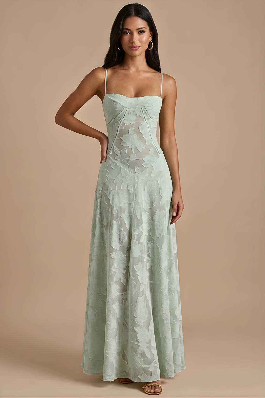 Abito Maxi Donna in Pizzo con Spalline Sottili e Corsetto con Allacciatura sulla Schiena