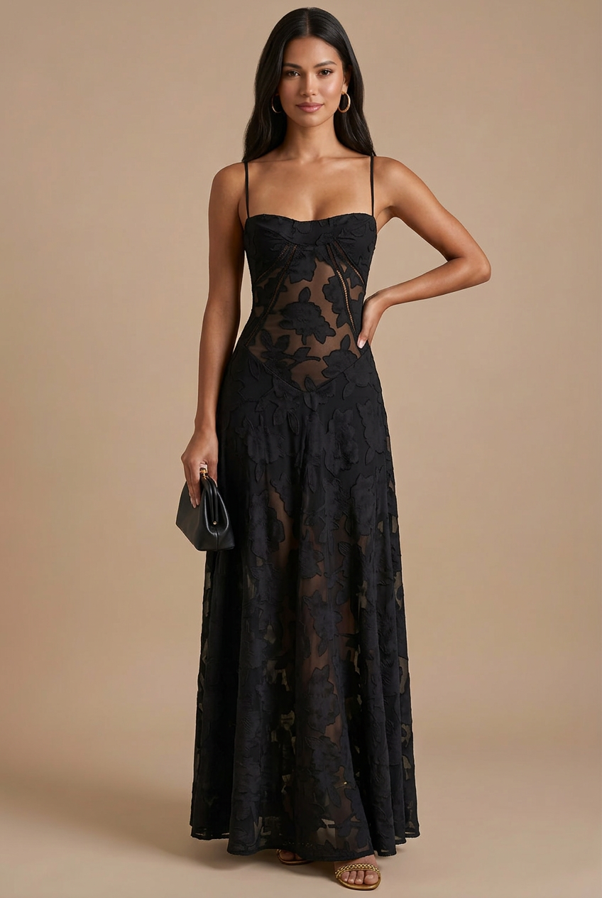 Abito Maxi Donna in Pizzo con Spalline Sottili e Corsetto con Allacciatura sulla Schiena