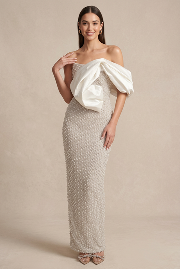 Women's Strapless Pearl Beaded Maxi Dress - Oversized Bow Detail