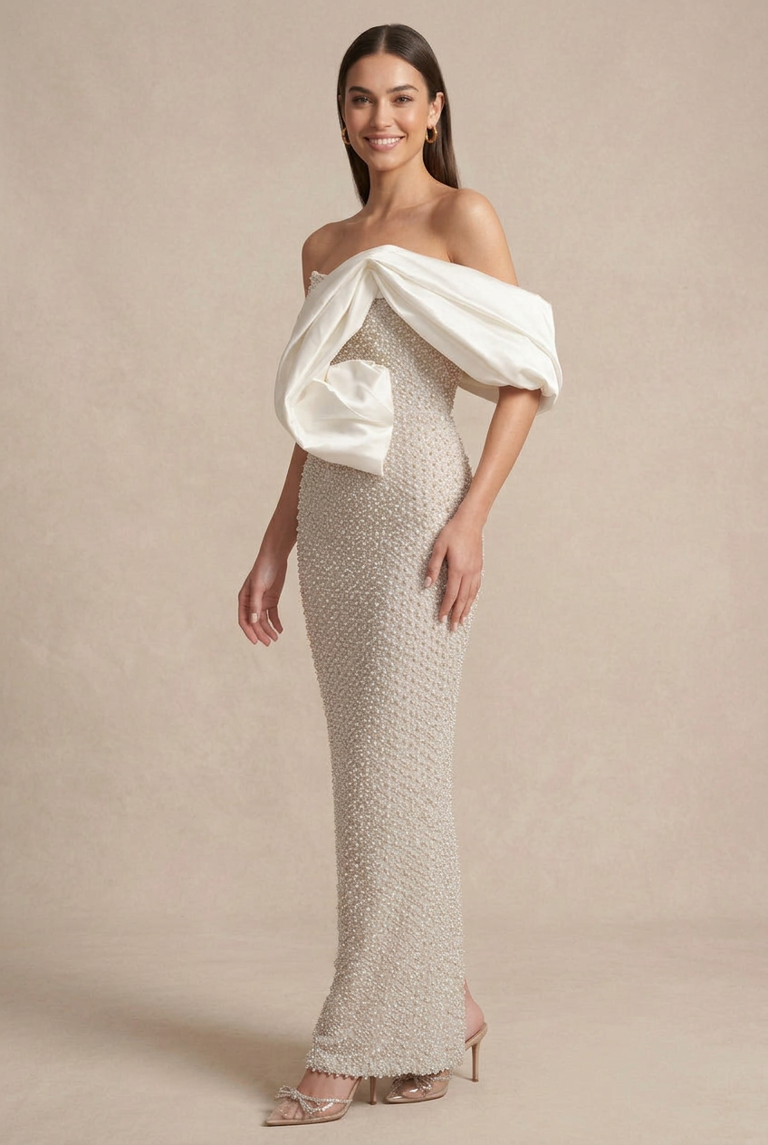 Women's Strapless Pearl Beaded Maxi Dress - Oversized Bow Detail