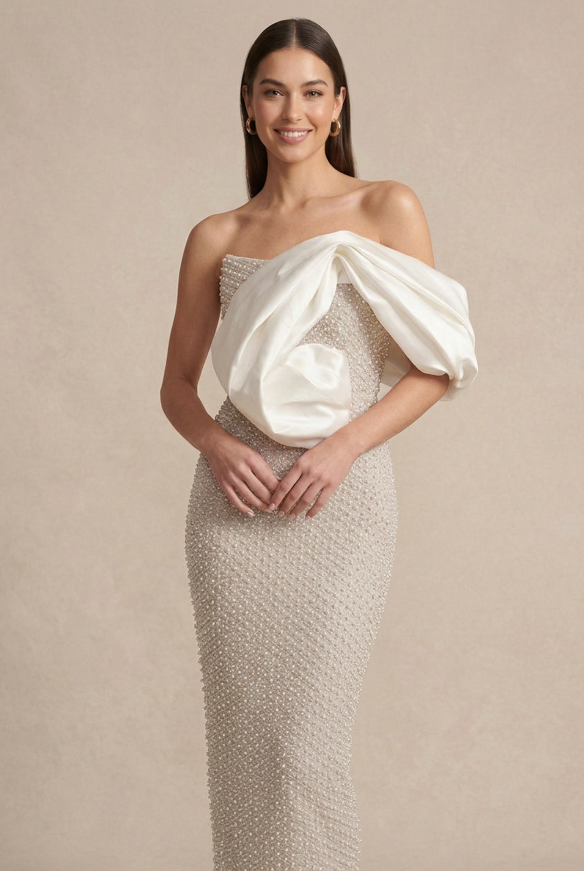 Women's Strapless Pearl Beaded Maxi Dress - Oversized Bow Detail