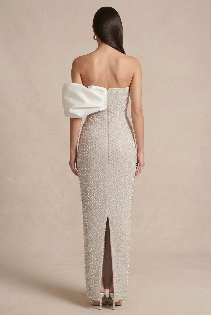Women's Strapless Pearl Beaded Maxi Dress - Oversized Bow Detail