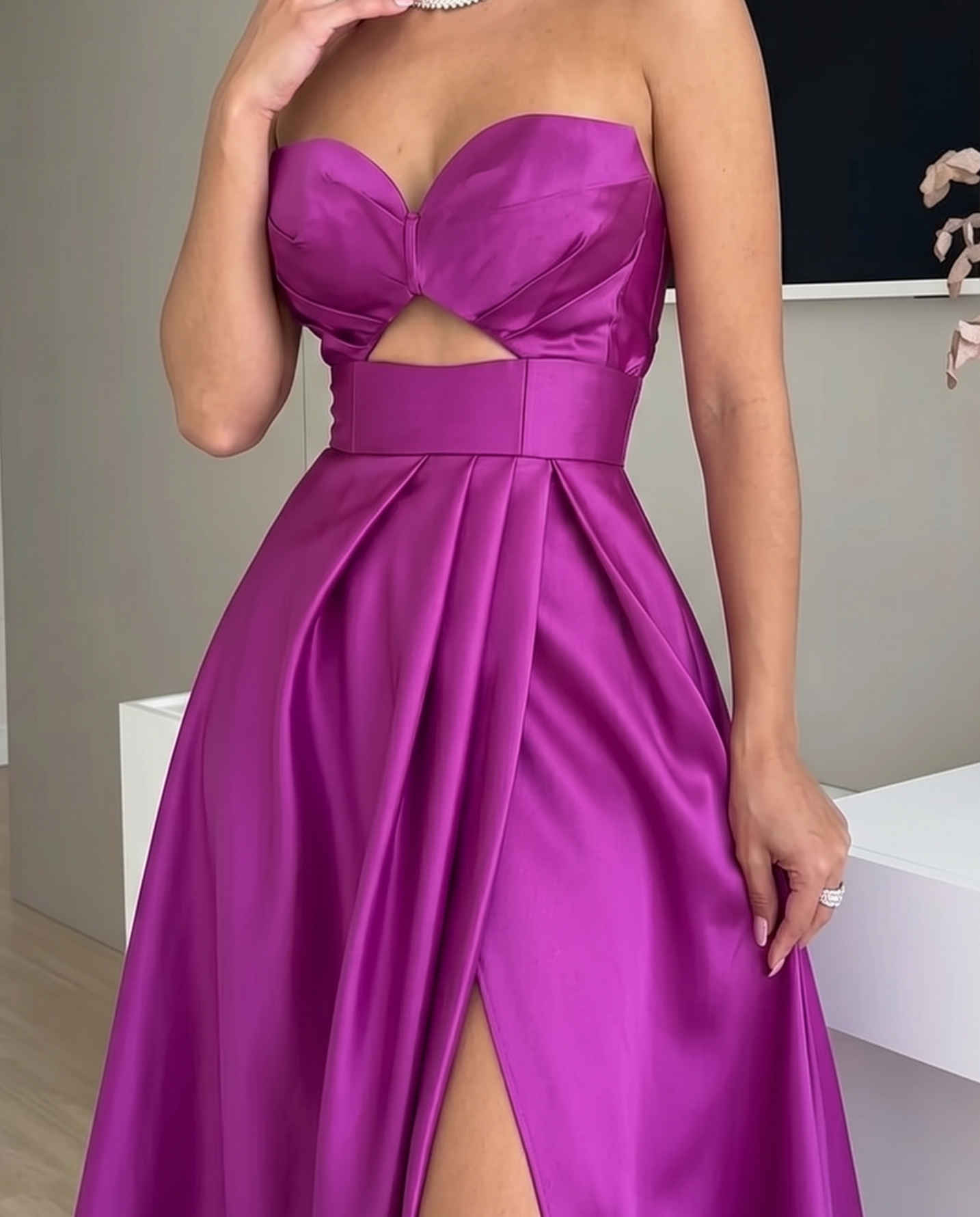 Women's Satin Strapless Maxi Dress Cutout