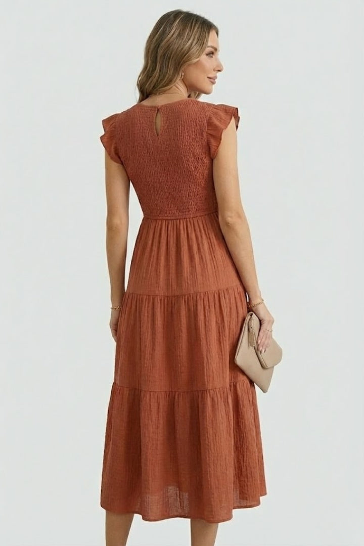 Women's Midi Dress Tiered Smocked Bodice Ruffle Cap Sleeve