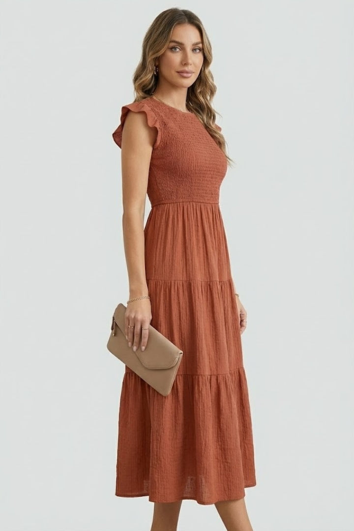 Women's Midi Dress Tiered Smocked Bodice Ruffle Cap Sleeve