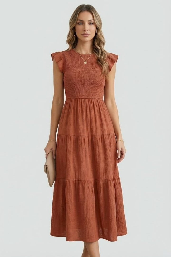 Women's Midi Dress Tiered Smocked Bodice Ruffle Cap Sleeve