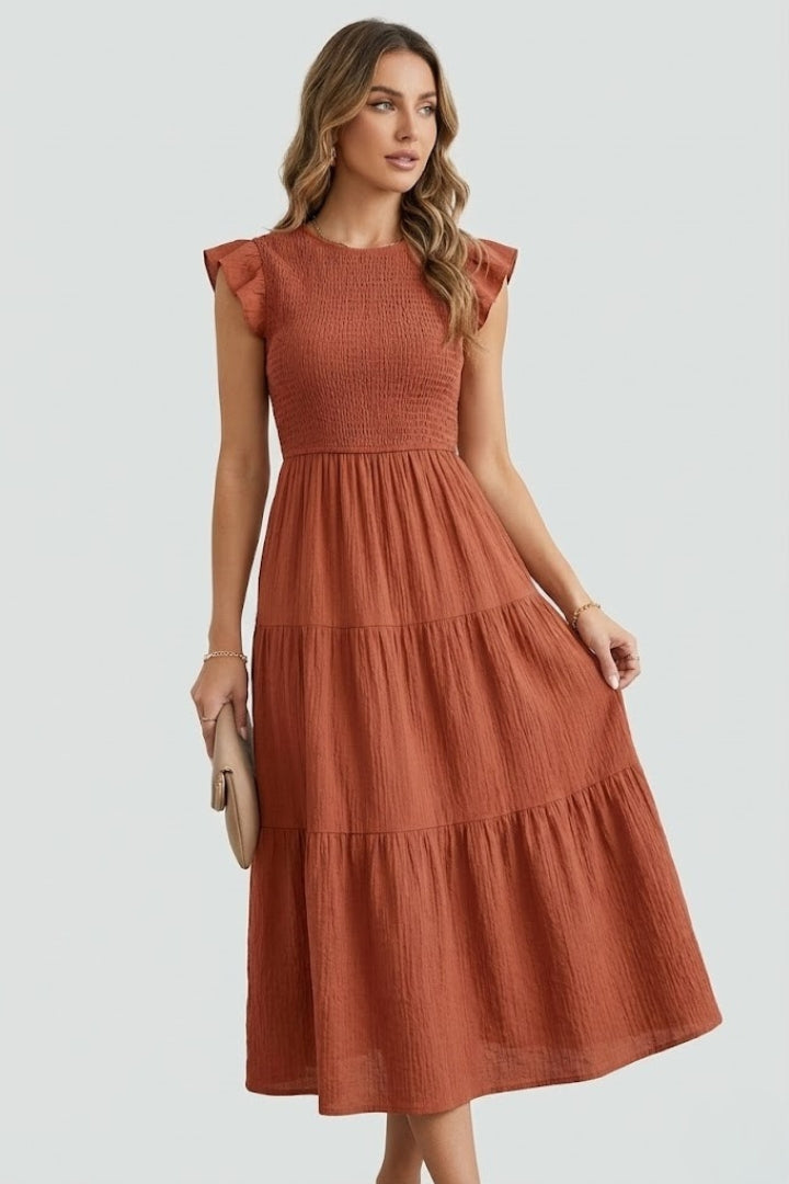 Women's Midi Dress Tiered Smocked Bodice Ruffle Cap Sleeve