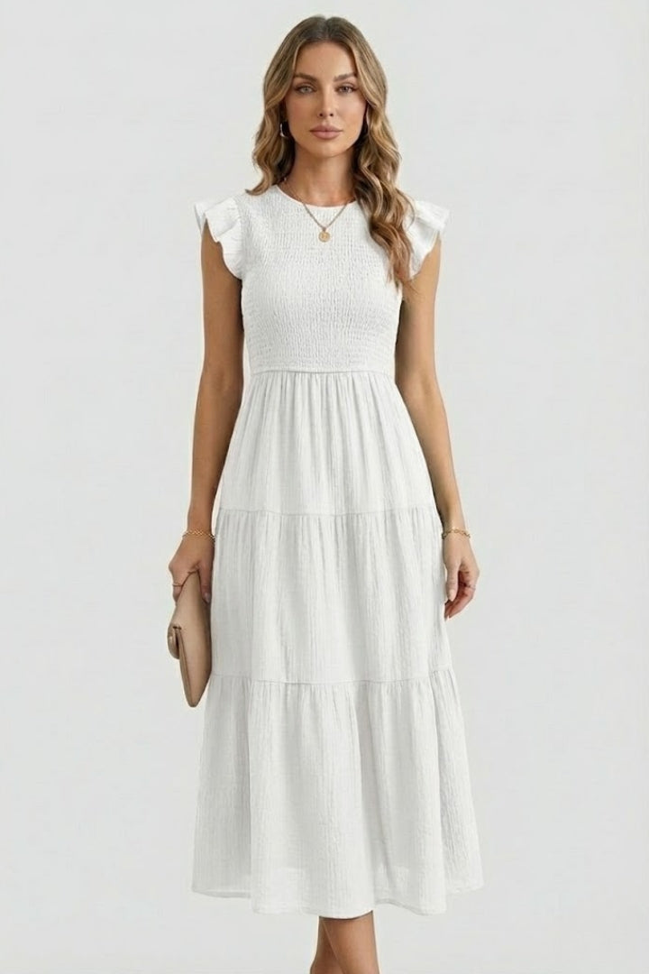 Women's Midi Dress Tiered Smocked Bodice Ruffle Cap Sleeve