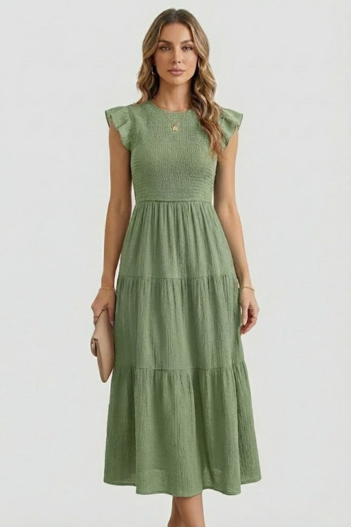 Women's Midi Dress Tiered Smocked Bodice Ruffle Cap Sleeve