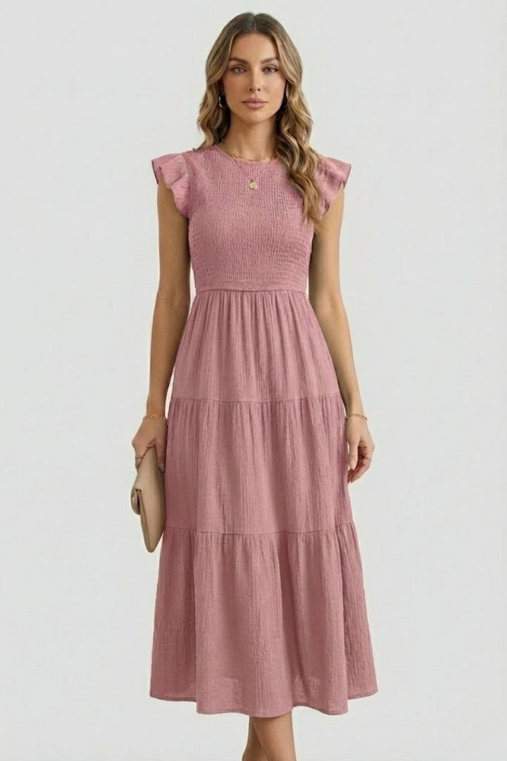 Women's Midi Dress Tiered Smocked Bodice Ruffle Cap Sleeve