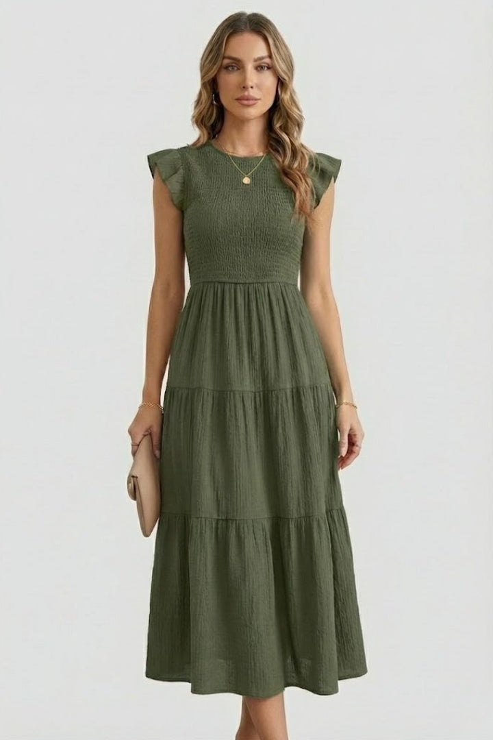 Women's Midi Dress Tiered Smocked Bodice Ruffle Cap Sleeve