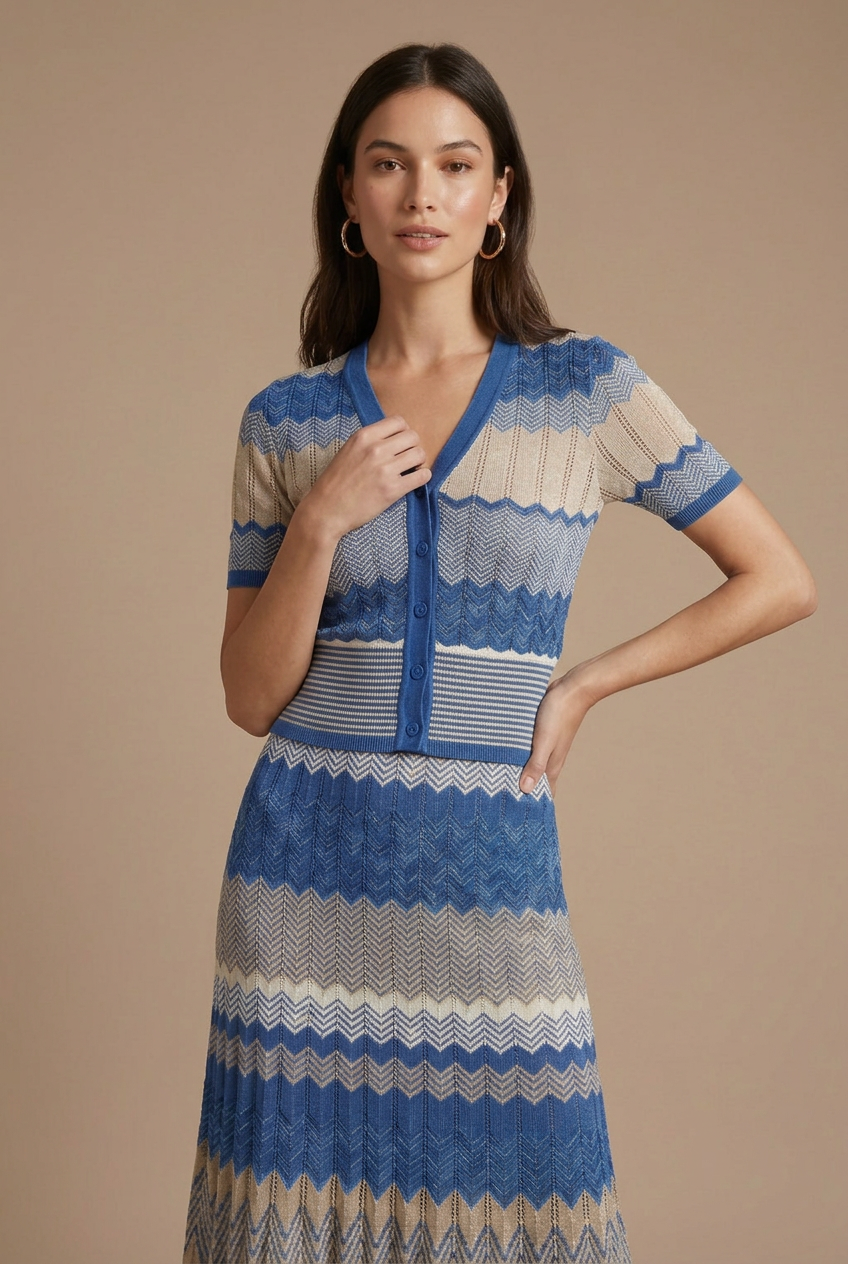 Damen V-Ausschnitt Chevron Strick Knopf-Top - Midi-Rock Zweiteiler