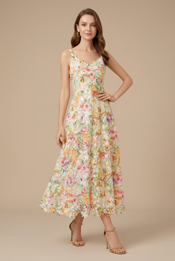 Damen V-Ausschnitt Florales Spitzen-Midikleid - 3D-Blütenblatt-Trägerdetail
