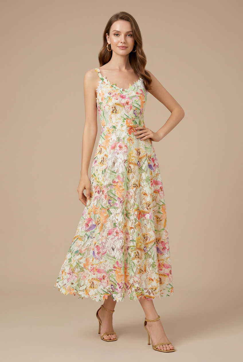 Damen V-Ausschnitt Florales Spitzen-Midikleid - 3D-Blütenblatt-Trägerdetail