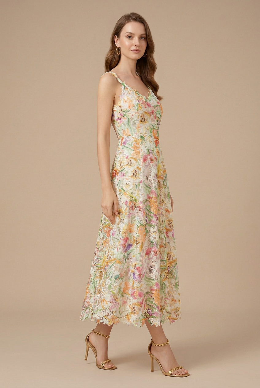 Damen V-Ausschnitt Florales Spitzen-Midikleid - 3D-Blütenblatt-Trägerdetail