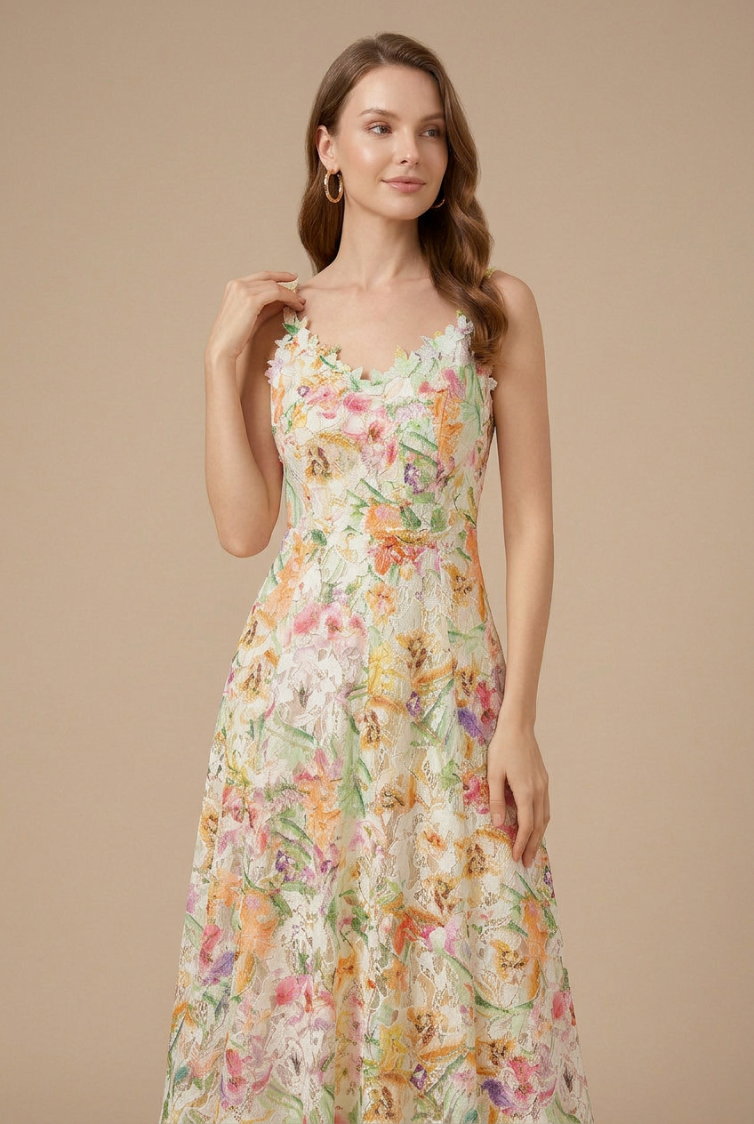 Damen V-Ausschnitt Florales Spitzen-Midikleid - 3D-Blütenblatt-Trägerdetail